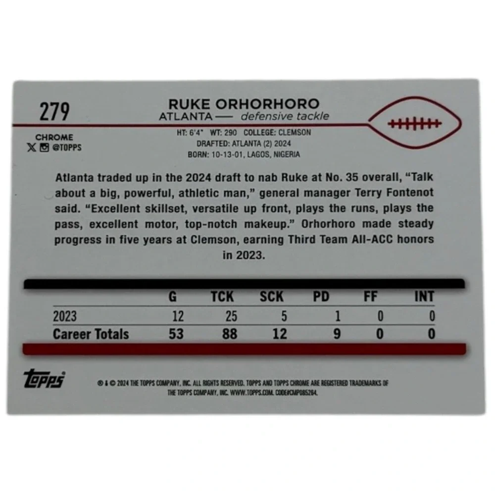 2024 Topps Chrome - Rookies Ruke Orhorhoro #279 Aqua Sonar‎ Refractor /199 (RC)